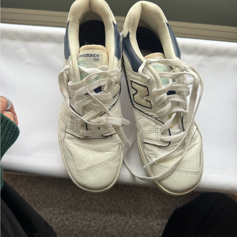 New Balance 550 Cream and Navy Sneakers - Picture 2 of 3